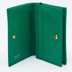 Pre Owned Prada Green Saffiano Leather Logo Flap Card Case