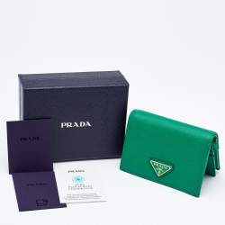 Pre Owned Prada Green Saffiano Leather Logo Flap Card Case