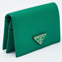 Pre Owned Prada Green Saffiano Leather Logo Flap Card Case