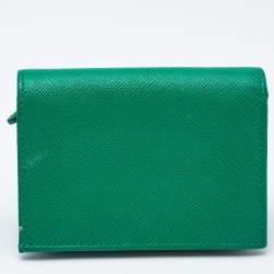 Pre Owned Prada Green Saffiano Leather Logo Flap Card Case