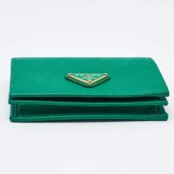 Pre Owned Prada Green Saffiano Leather Logo Flap Card Case