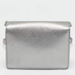 Pre Owned Prada Silver Saffiano Lux Leather Mini Flap Crossbody Bag