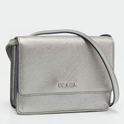 Pre Owned Prada Silver Saffiano Lux Leather Mini Flap Crossbody Bag