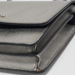 Pre Owned Prada Silver Saffiano Lux Leather Mini Flap Crossbody Bag
