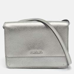 Pre Owned Prada Silver Saffiano Lux Leather Mini Flap Crossbody Bag