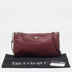 Pre Owned Prada Burgundy Leather Triangle Logo Crossbody Bag