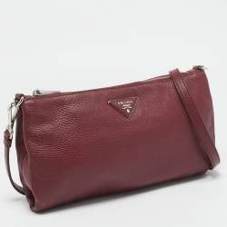 Pre Owned Prada Burgundy Leather Triangle Logo Crossbody Bag