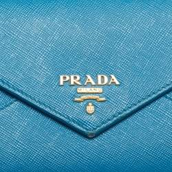 Prada Blue Saffiano Metal Leather Letter Continental Wallet