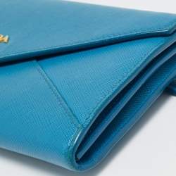 Prada Blue Saffiano Metal Leather Letter Continental Wallet