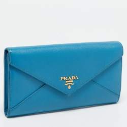 Prada Blue Saffiano Metal Leather Letter Continental Wallet