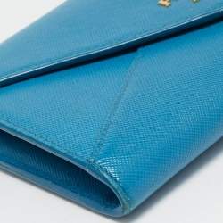 Prada Blue Saffiano Metal Leather Letter Continental Wallet