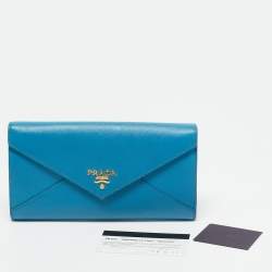 Prada Blue Saffiano Metal Leather Letter Continental Wallet