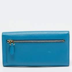Prada Blue Saffiano Metal Leather Letter Continental Wallet
