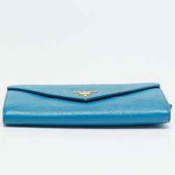 Prada Blue Saffiano Metal Leather Letter Continental Wallet