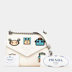 Prada White Saffiano Leather Monochrome Robot Patches Envelope Chain Flap Bag