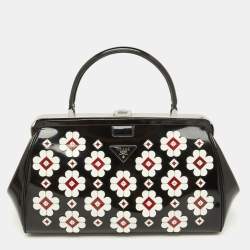 Prada Black Patent Leather Floral Applique Frame Doctor Top Handle Bag