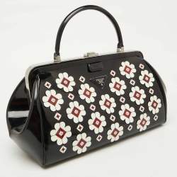 Prada Black Patent Leather Floral Applique Frame Doctor Top Handle Bag