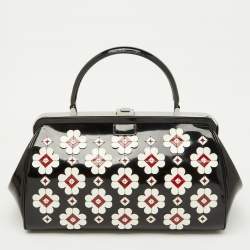 Prada Black Patent Leather Floral Applique Frame Doctor Top Handle Bag