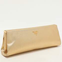 Pre Owned Prada Gold Saffiano Lux Leather East-West Frame Clutch