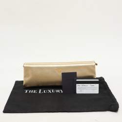 Pre Owned Prada Gold Saffiano Lux Leather East-West Frame Clutch