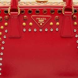 Pre Owned Prada Red/Peach Saffiano Patent Leather Pyramid Frame Satchel