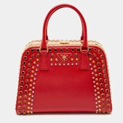 Prada Red/Peach Saffiano Patent Leather Pyramid Frame Satchel