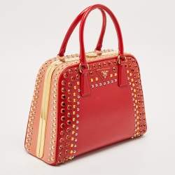 Pre Owned Prada Red/Peach Saffiano Patent Leather Pyramid Frame Satchel