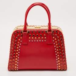 Pre Owned Prada Red/Peach Saffiano Patent Leather Pyramid Frame Satchel