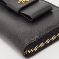 Prada Black Saffiano Lux Leather Bow Zip Around Wallet