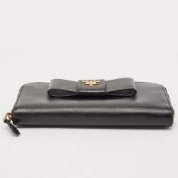 Prada Black Saffiano Lux Leather Bow Zip Around Wallet