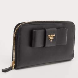 Prada Black Saffiano Lux Leather Bow Zip Around Wallet