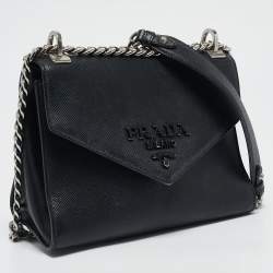 Pre Owned Prada Black Saffiano Leather Small Monochrome Flap Shoulder Bag