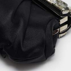 Pre Owned Prada Black Pleated Satin Crystals Embellished Frame Clutch