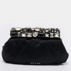 Pre Owned Prada Black Pleated Satin Crystals Embellished Frame Clutch