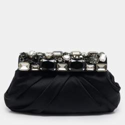 Pre Owned Prada Black Pleated Satin Crystals Embellished Frame Clutch