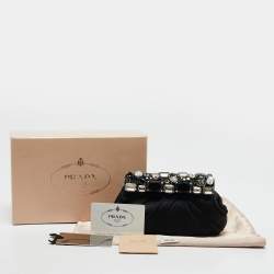 Pre Owned Prada Black Pleated Satin Crystals Embellished Frame Clutch