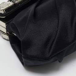 Pre Owned Prada Black Pleated Satin Crystals Embellished Frame Clutch