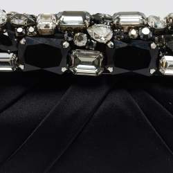 Pre Owned Prada Black Pleated Satin Crystals Embellished Frame Clutch