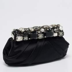Pre Owned Prada Black Pleated Satin Crystals Embellished Frame Clutch