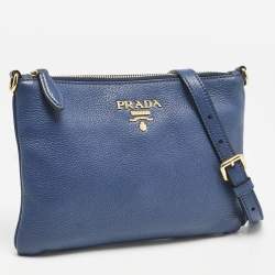 Prada Blue Vitello Phoenix Leather Single Zip Crossbody Bag