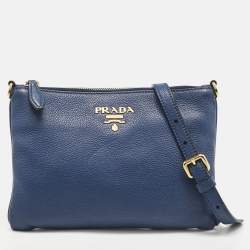 Prada Blue Vitello Phoenix Leather Single Zip Crossbody Bag