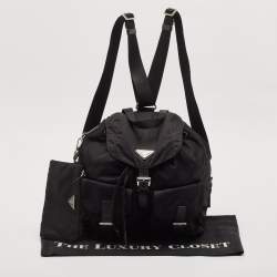 مملوكة مسبقًا Prada Black Nylon and Leather Double Pocket Drawstring Backpack