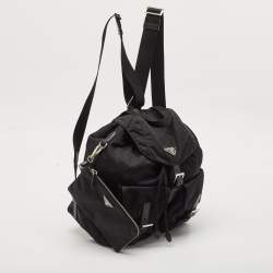 مملوكة مسبقًا Prada Black Nylon and Leather Double Pocket Drawstring Backpack