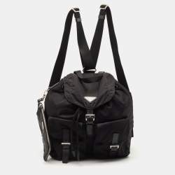 Pre Owned Prada Black Nylon and Leather Double Pocket Drawstring Backpack