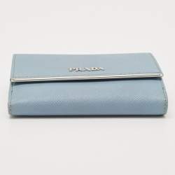 Prada Light Blue Leather Metal Bar French Wallet