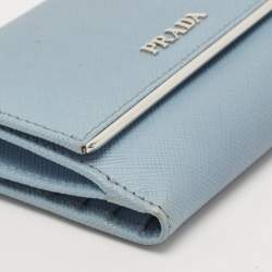 Prada Light Blue Leather Metal Bar French Wallet