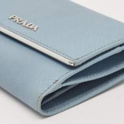 Prada Light Blue Leather Metal Bar French Wallet