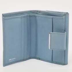 Prada Light Blue Leather Metal Bar French Wallet