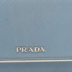 Prada Light Blue Leather Metal Bar French Wallet