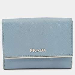 Prada Light Blue Leather Metal Bar French Wallet